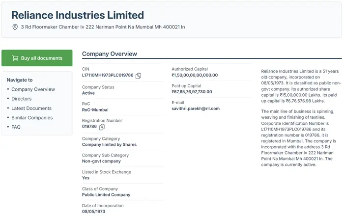 Screenshot of company profile page