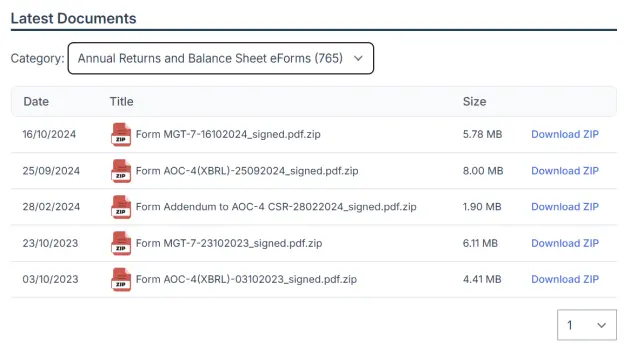 Screenshot of company documents listing